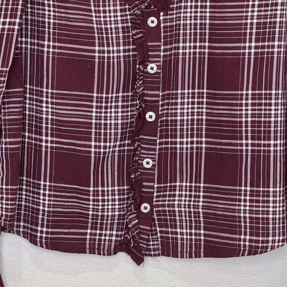Evereve Shirt Womens Small Burgundy Plaid Ruffle Trim Button Front Long Sleeve - Picture 4 of 8